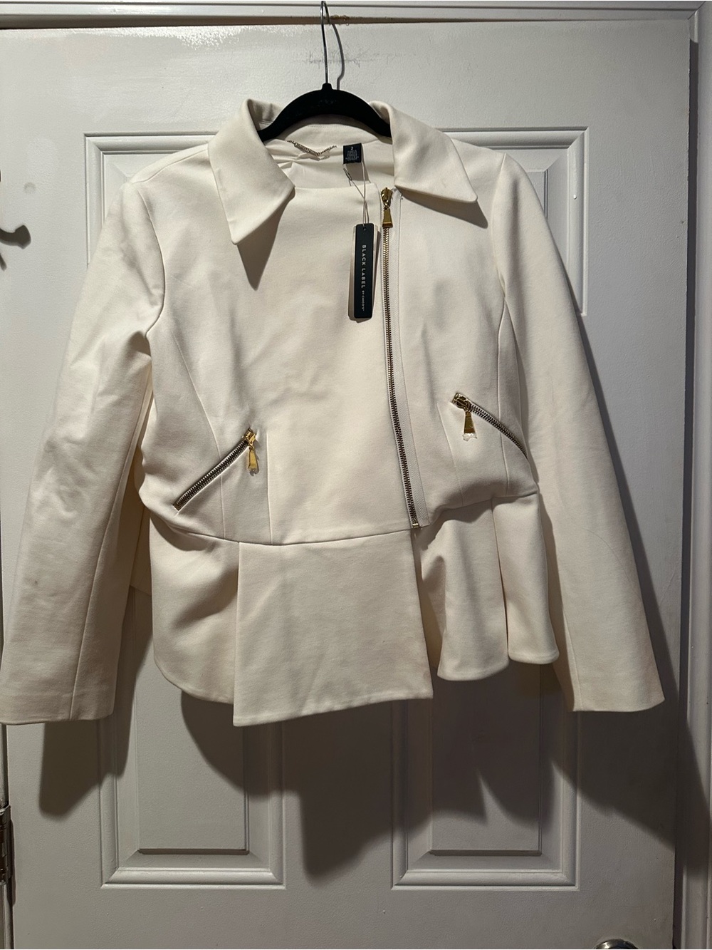 Chico's Cream Peplum Asymmetrical Zip Blazer
